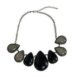 Statement Teardrop Necklace Black Gray Resin Stones On Silver-Tone Chain u